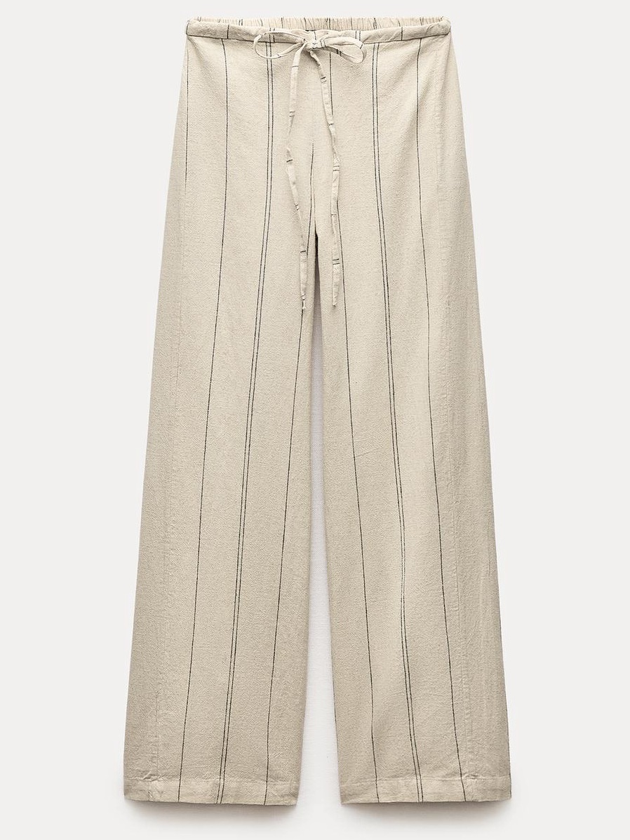 Zara Striped Linen Blend Pants Beige